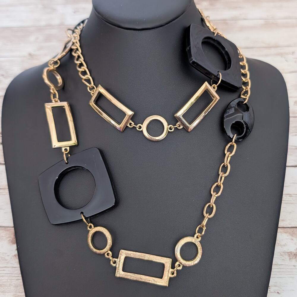 Vintage Necklace Extra Long Geometric Black & Gold Tone - Can Be Layered